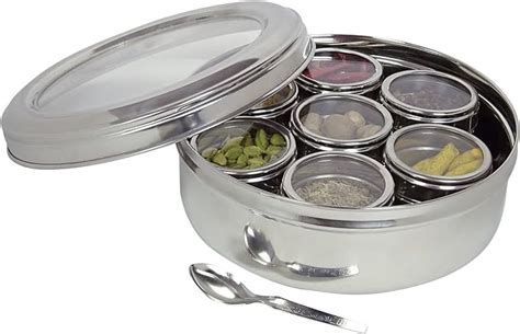 sambara stainless steel masala dabba spice box with individual lid|stainless steel spice tins.